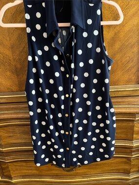 Anne Klein Navy and White Polka Dot Sleeveless Button-Front Top